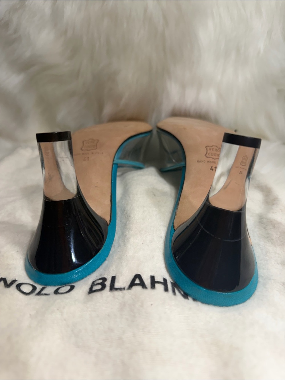 Manolo Blahnik Teal Slide Mules with Clear Strap - Picture 9 of 10